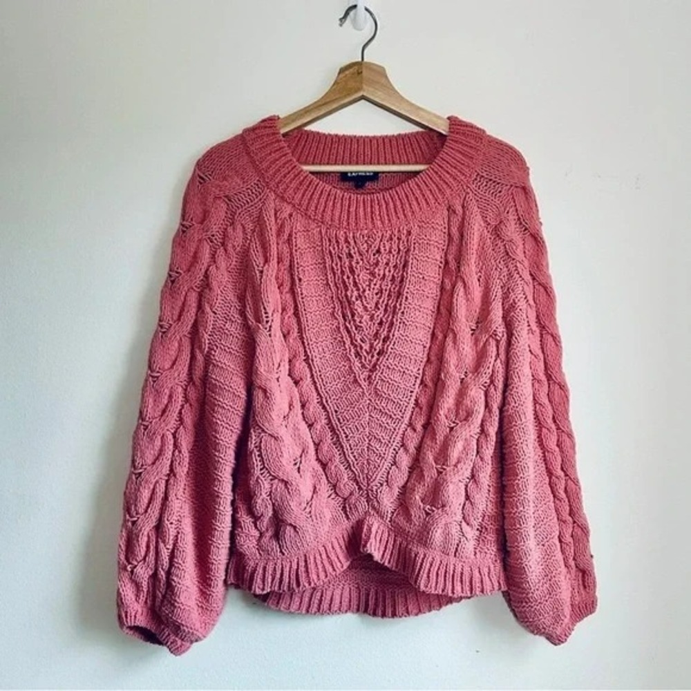 EXPRESS I Pink Cable Knit Sweater I Size S I Balloon Sleeve, Cozy Textured‎